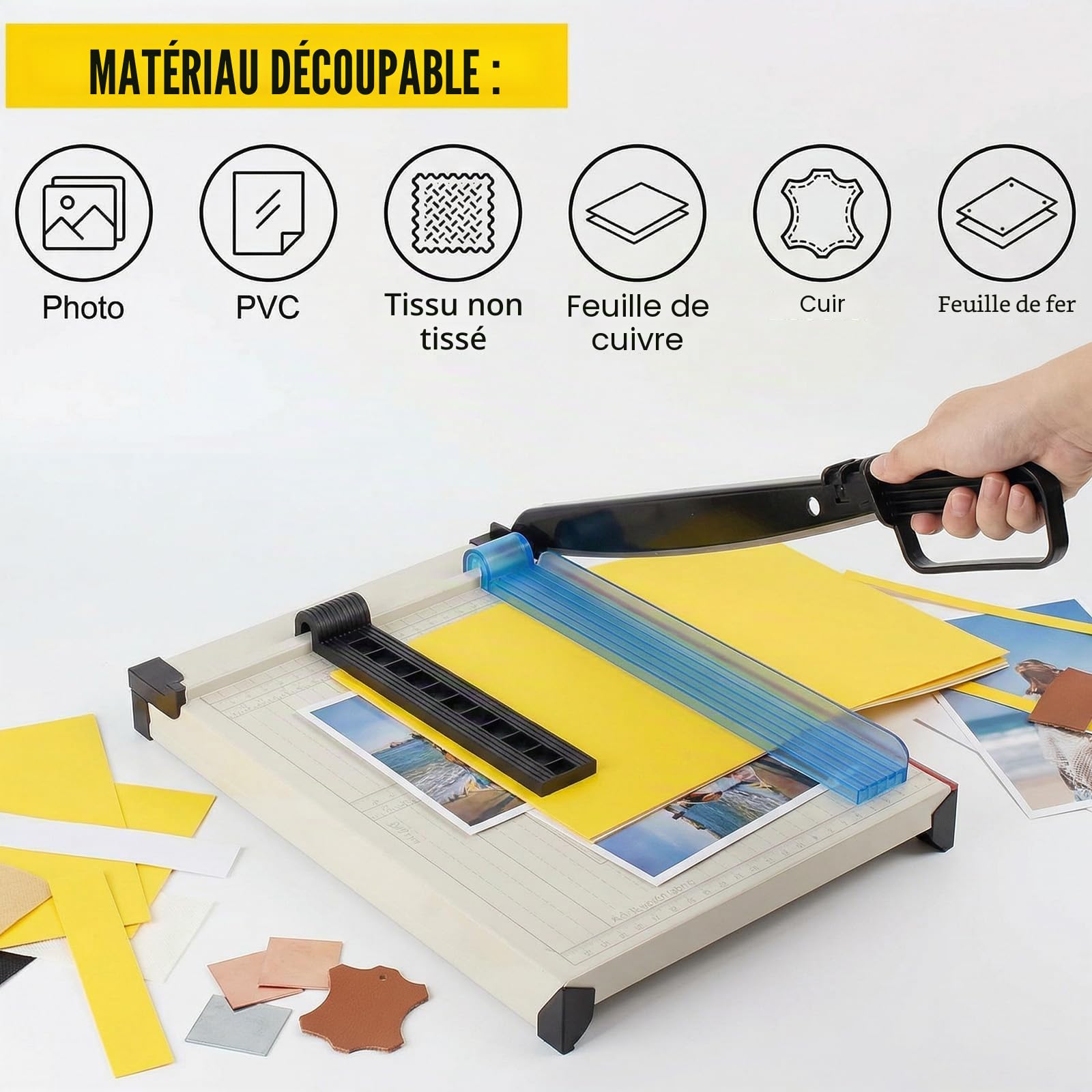 Coupe-papier Guillotine A4 - Massicot à papier robuste avec protection de sécurité, Capacité de 15 feuilles, Massicot de précision pour couper le papier, les cartes, les photos, le vinyle