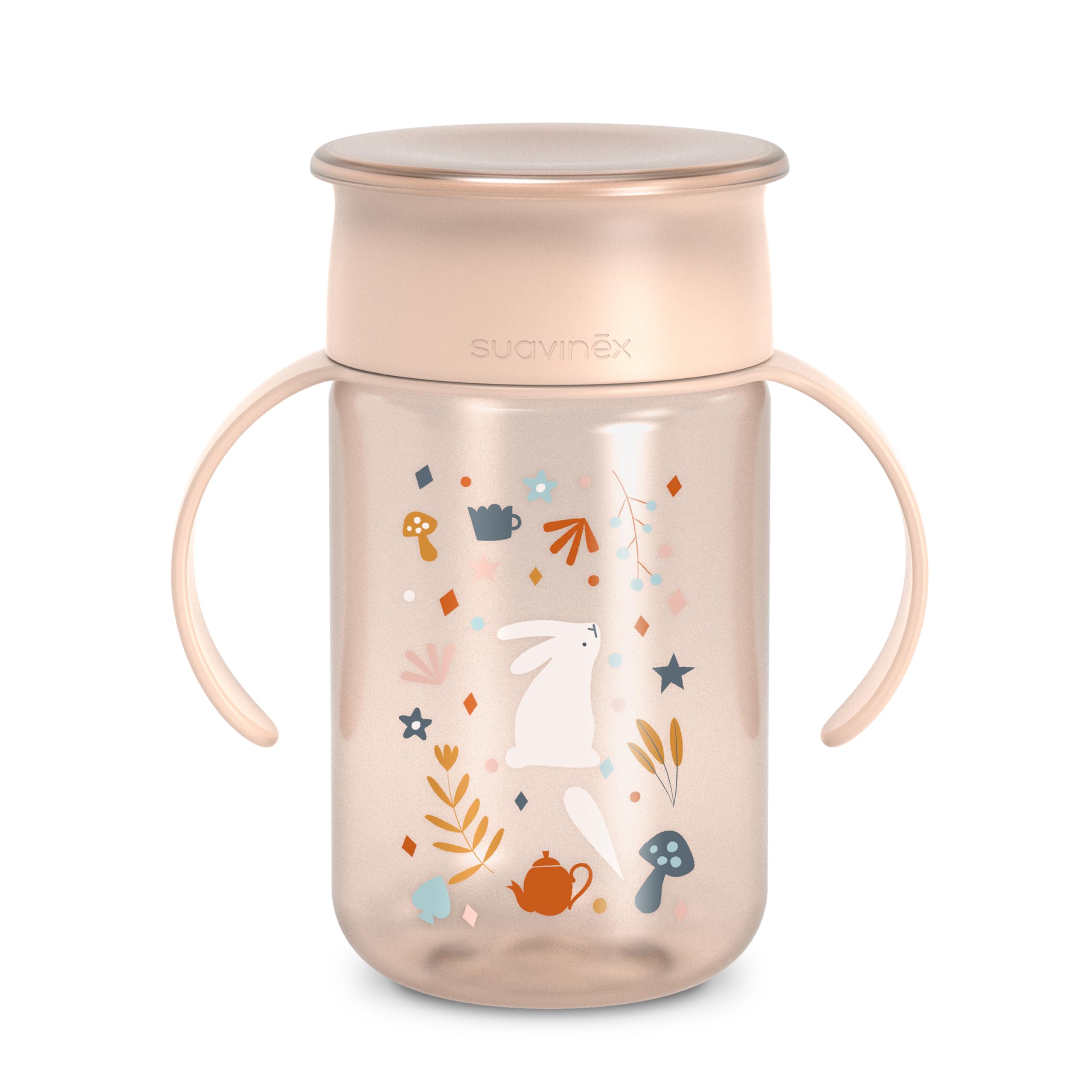 Suavinex, Tasse Apprentissage pour Bébé, avec Disque Anti-Fuite, Magic Cup Rebord Antifuite 360°, Anses Amovibles, Couvercle Hygiénique, Compatible Lave-Vaisselle, 340 ml, +12 Mois, Wonderland, Rose