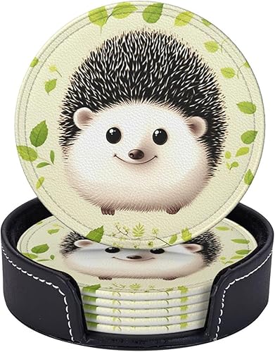 Miniatura 5 de 6 posavasos redondos de piel con estampado de erizo, impermeables, con soporte para sala de estar, cocina, bar, 3.9 pulgadas