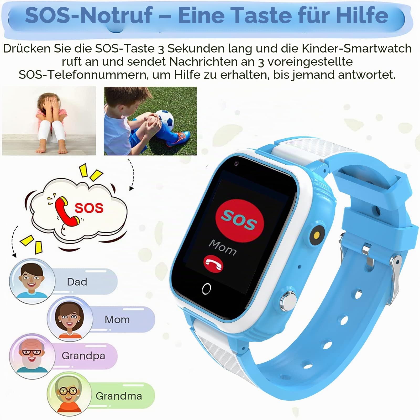 4G Smartwatch für Kinder mit GPS-Tracker, Uhr, Sprach-, Video-Chat, Text, Anruf, SOS-Alarm, Kamera, Schrittzähler, WLAN, wasserdichter Touchscreen, Kinderuhr für Alter 4–12 Jahre, Jungen,