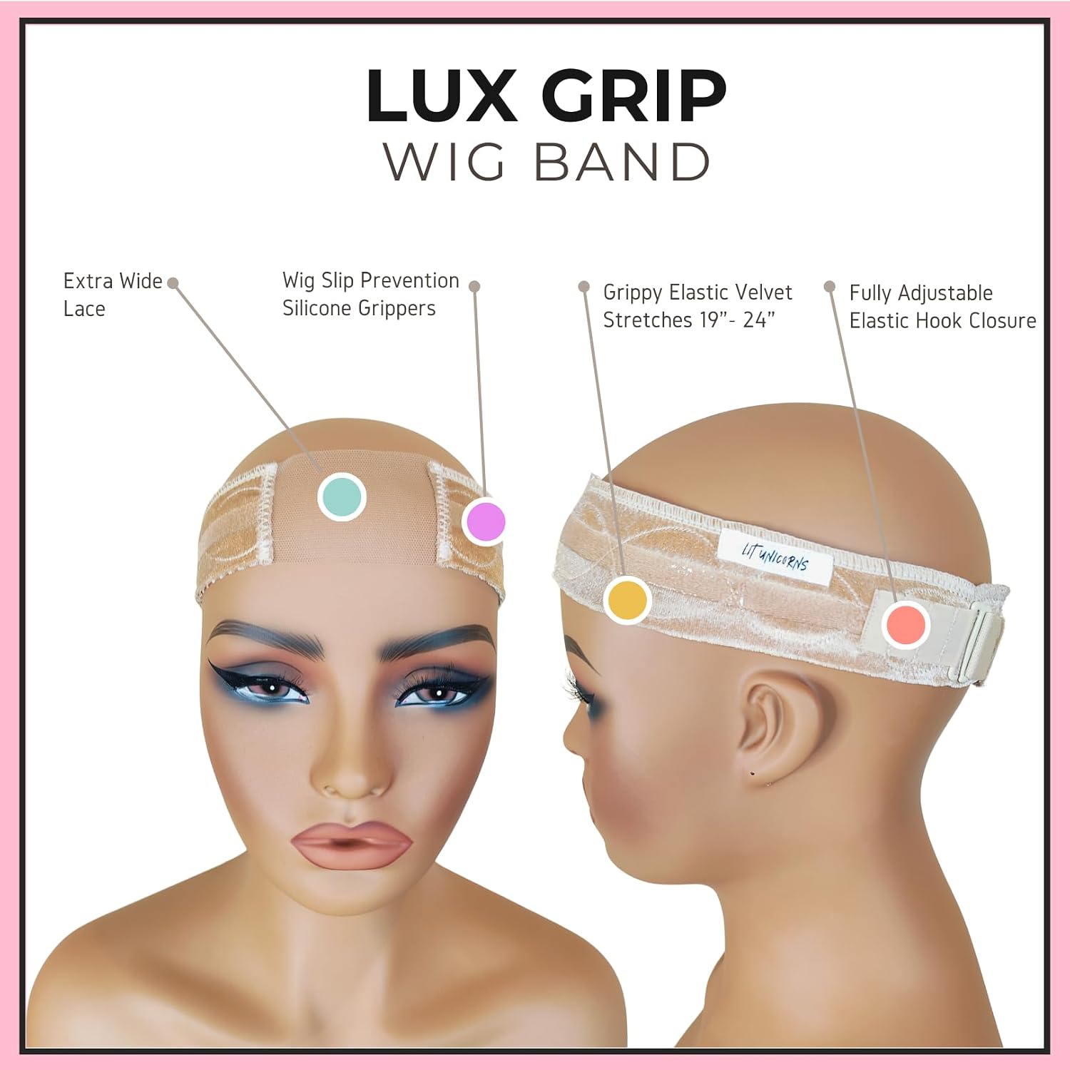 LIT UNICORNS LUX GRIP Lace Wig Gripper Band - Fully Adjustable Extra Wide Lace - Premium Non Slip for Lace Front and All Wigs - Beige