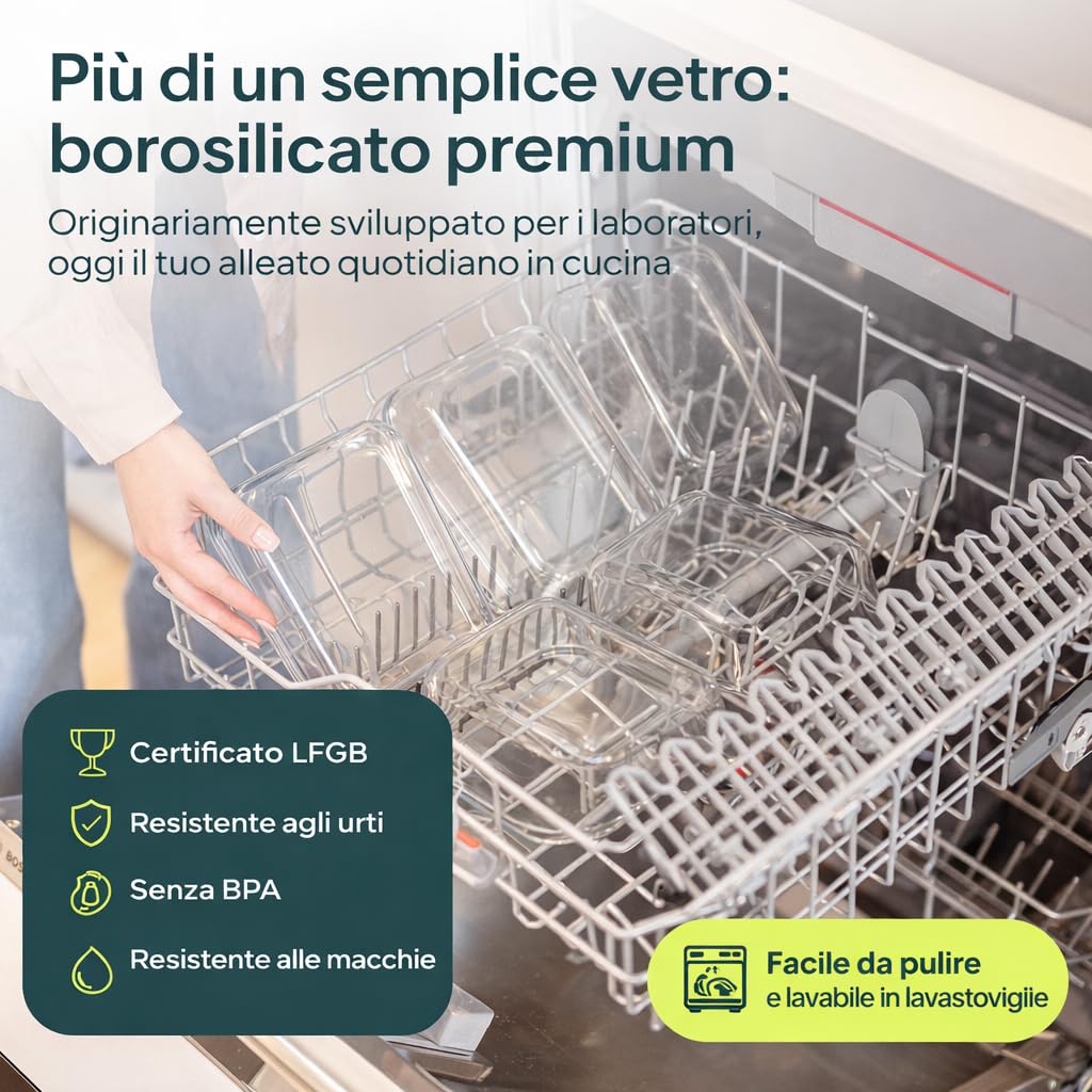 uandu Set di 10 Contenitori Ermetici per Alimenti in Vetro Borosilicato con Coperchio, Meal Prep, Senza BPA, per Microonde, Forno, Frigo, Freezer e Lavastoviglie