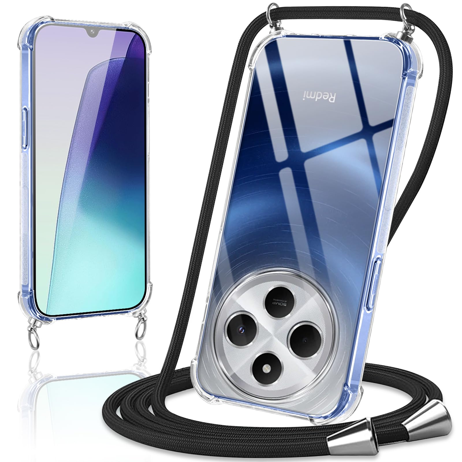 Handy-Halsband Für Xiaomi Redmi 14C – Transparente Silikonhülle Mit Verstellbarer Tragekette, Schwarz