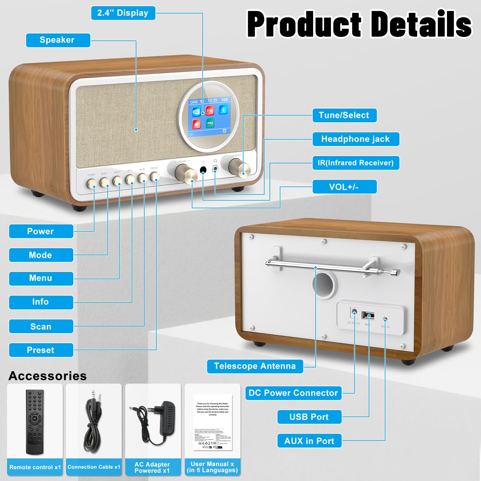 Radio DAB+/FM con Bluetooth, Radio Digital de Cocina, Radio Despertador con Mando a Distancia, Negro