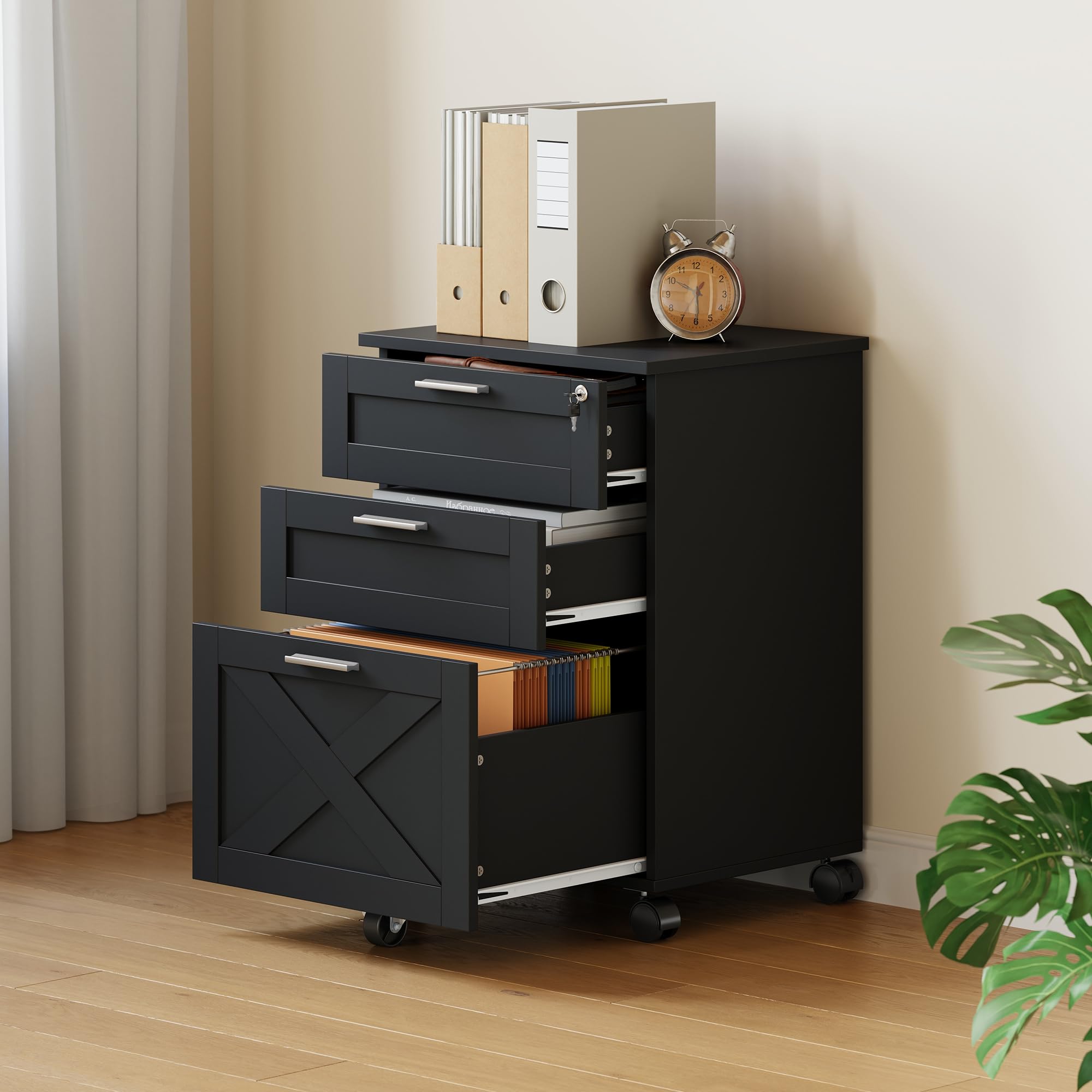 Archivador móvil con cerradura para oficina - 3 cajones robustos - Gabinete bajo escritorio con ruedas 360° - Para documentos carta/legal/A4 - Almacenamiento resistente y diseño profesional - negro