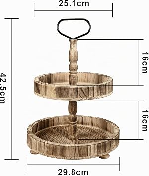ENUODA Fruit Stand 2 Tiers Vintage Decorative Wooden Tray Cake Stand Coffee Table Cake Stand Round Decorative Tray with Handle Country House Style Decorative Cake Plate Fruit Stand Ideal for Dining Table Decoration