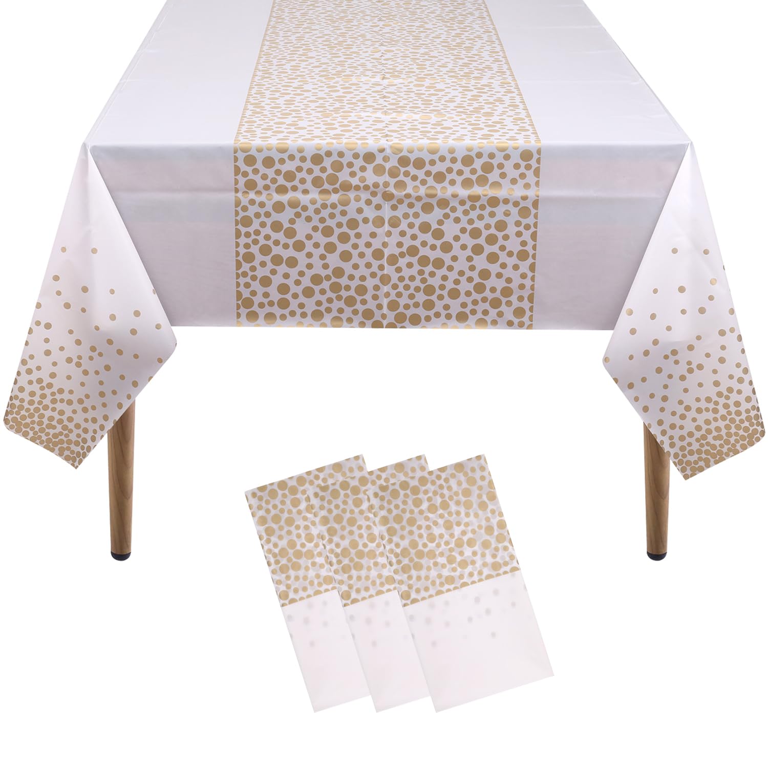 WedDecor 3pcs Disposable Plastic Tablecloths | White With Gold | Wipeable, Waterproof Tablecloths, Party Table Decoration for Indoor Outdoor Party, Picnic, Dinner | 54 x 108 inch(Rectangular)