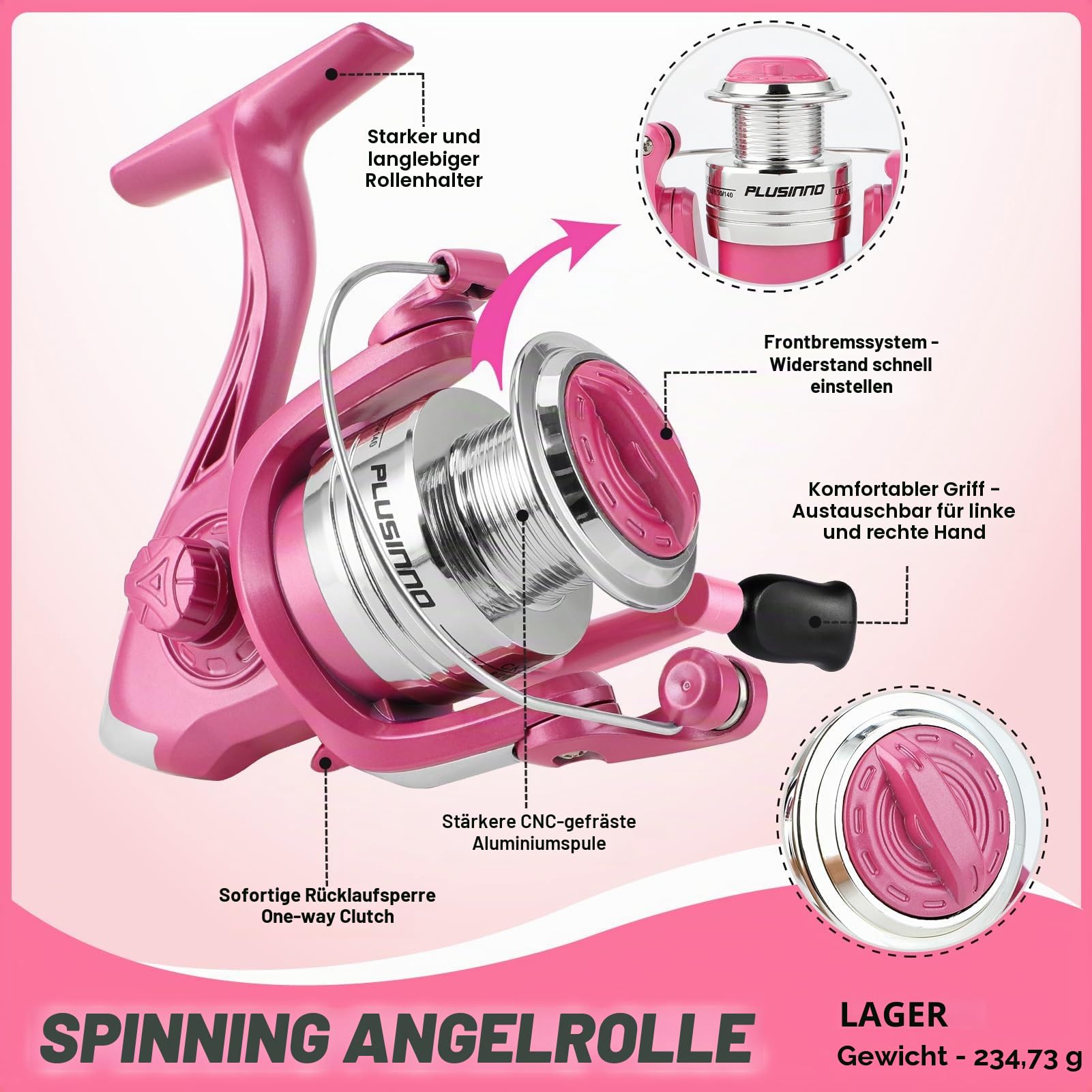 PLUSINNO Damen Rosa Teleskop-Angelrute und Rolle