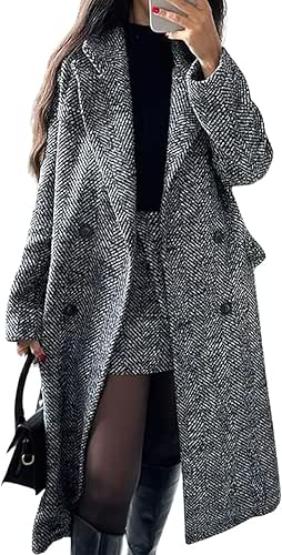 chouyatou Women's Winter Casual Herringbone Wool Coat Double Breasted Notch