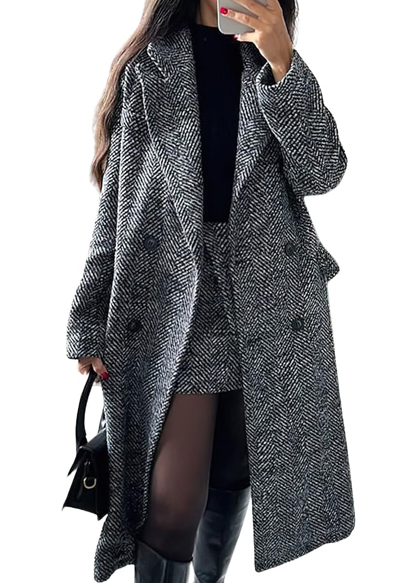 chouyatou Womens Winter Casual Herringbone Wool Coat Double Breasted Notch Collar Dressy Long Trench Coat