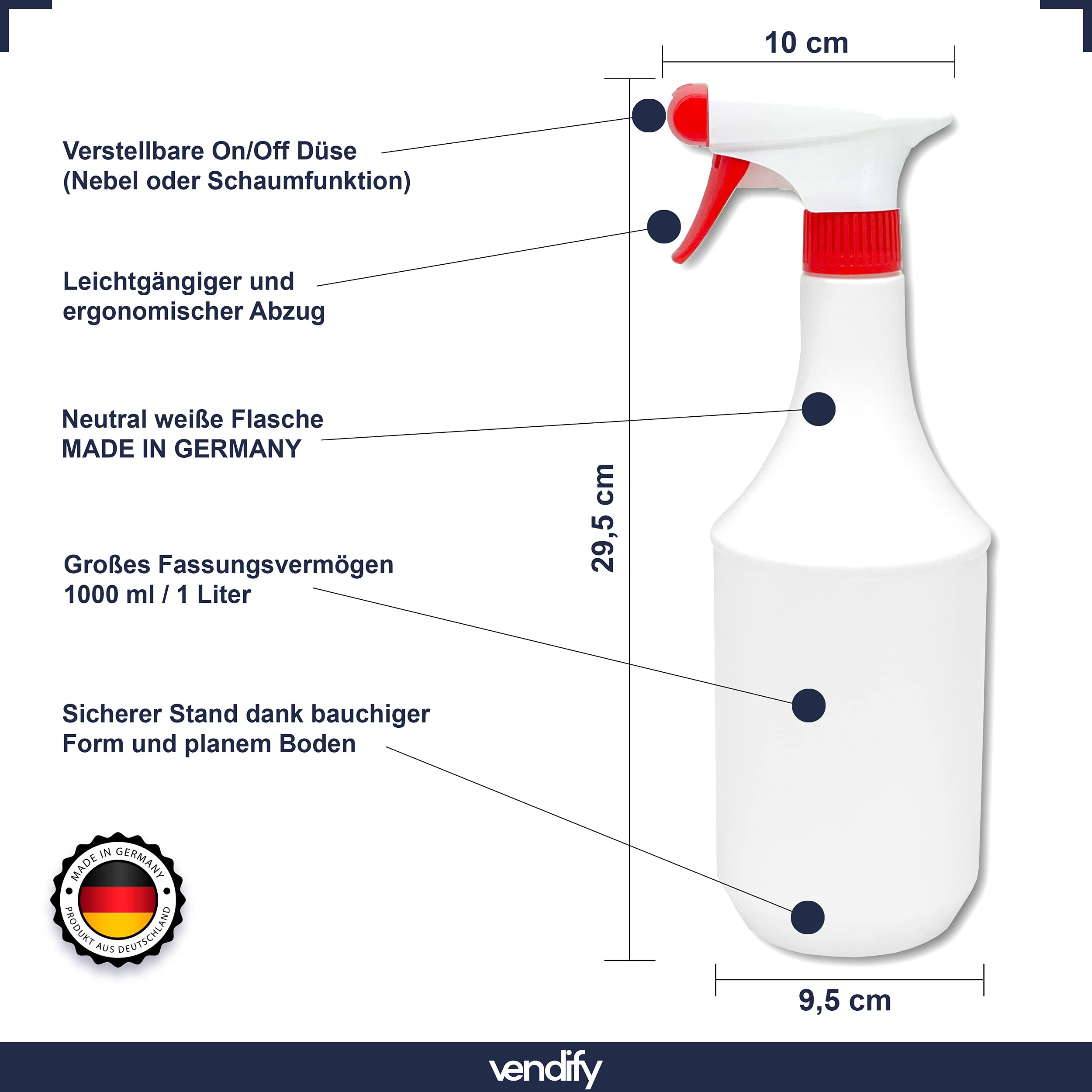 Sprühflasche 1 Liter / 1000 ml mit Schaum Düse - Leer ohne Label - Premium Qualität - 1l groß nachfüllbar Spray Bottle Fein Zerstäuber für Reinigungsmittel (12 Sprühflaschen)