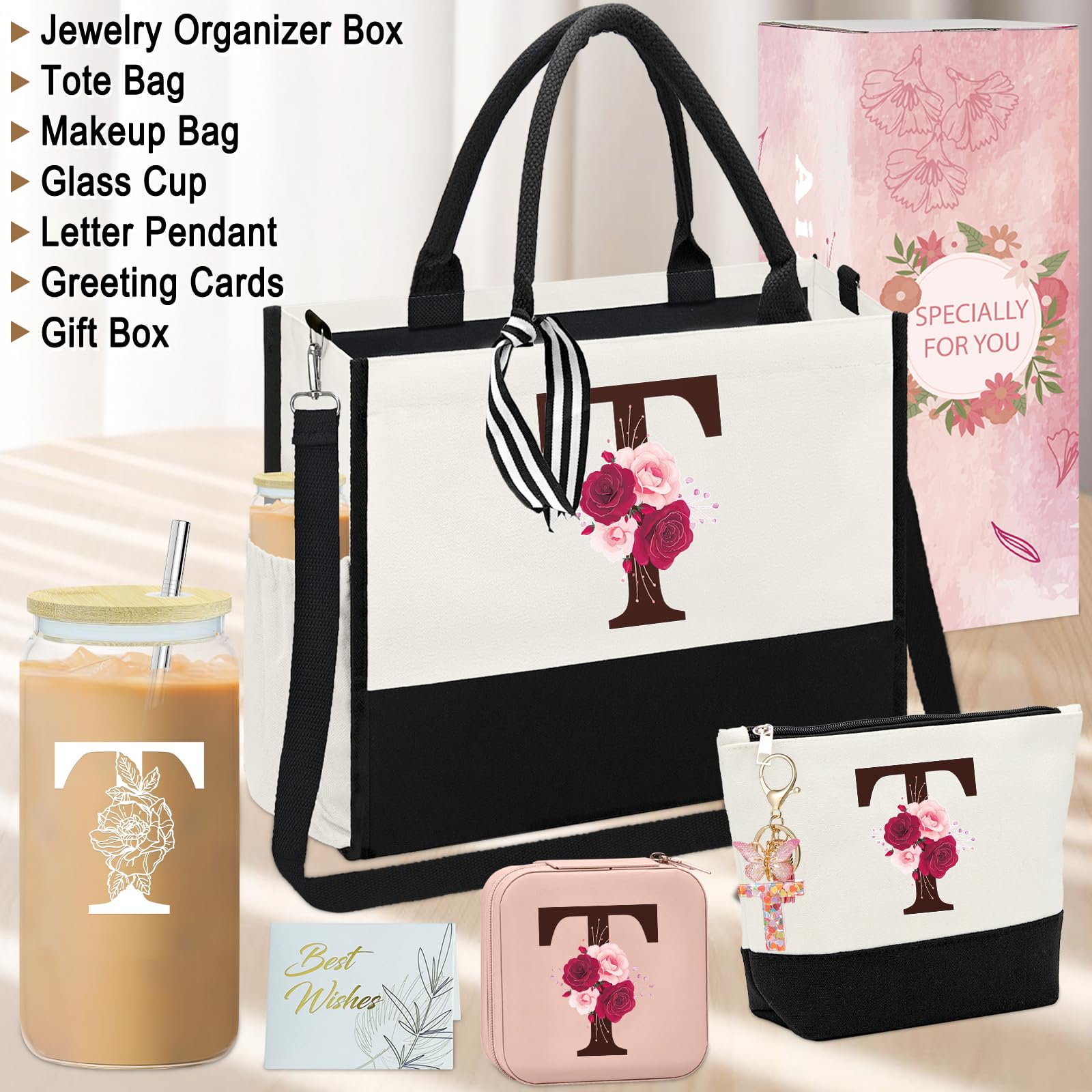 Mother's Day Gifts,Birthday Gift for Women,Initial Canvas Tote Bag,Personalized Gifts for Women,16oz Glass Cup With Straw,Jewelry Storage Box,Monogrammed Gift for Woman Mom Sister Bestie-T