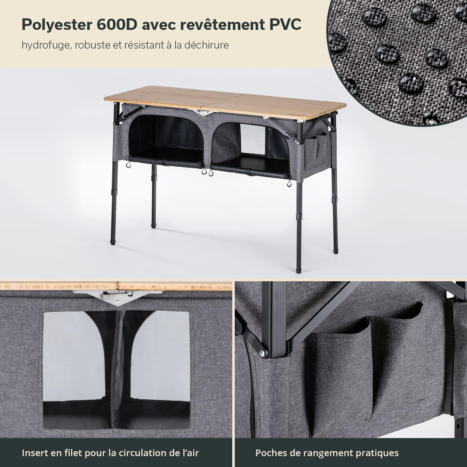 Skandika Table de Camping avec Armoire Tolja | Table Pliante Bambou avec Placard, réglable en Hauteur, Pliable, Armoire de Camping avec étagères, Sac de Transport | Meubles de Camping, Jardin, Balcon