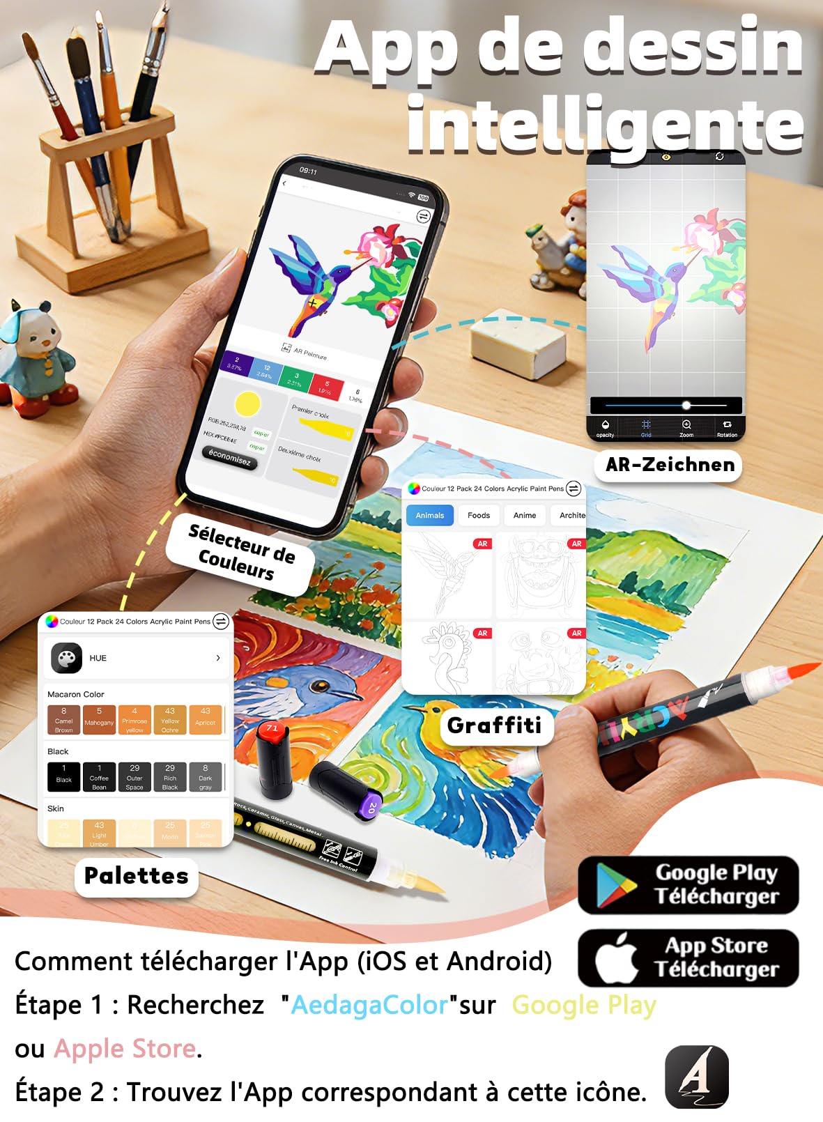 AEDAGA 48 Feutre Acrylique avec App, 96 Couleurs Acrylic Paint Marker