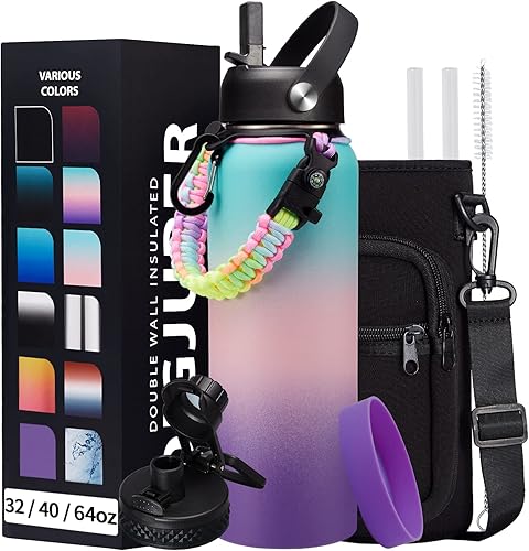 Miniatura 35 de Botella de agua de acero inoxidable aislada al vacío de 40 onzas, mantiene frío 48 h y caliente 24 h, tapa de pajilla y boquilla, funda de Verde