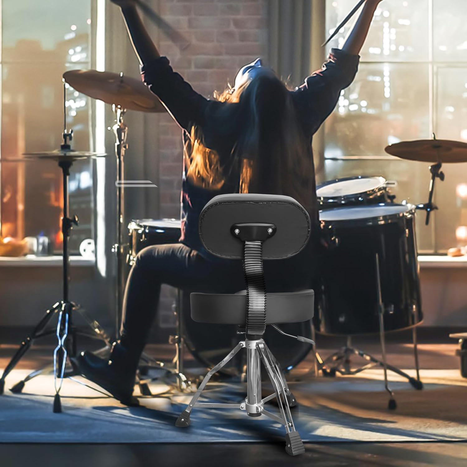 polar lights Drum seat with backrest, Heavy-Duty Adjustable Hydraulic Drum Chair, Motorcycle Style seat, Drum Stool Suitable for Drummers, Adult Guitarists