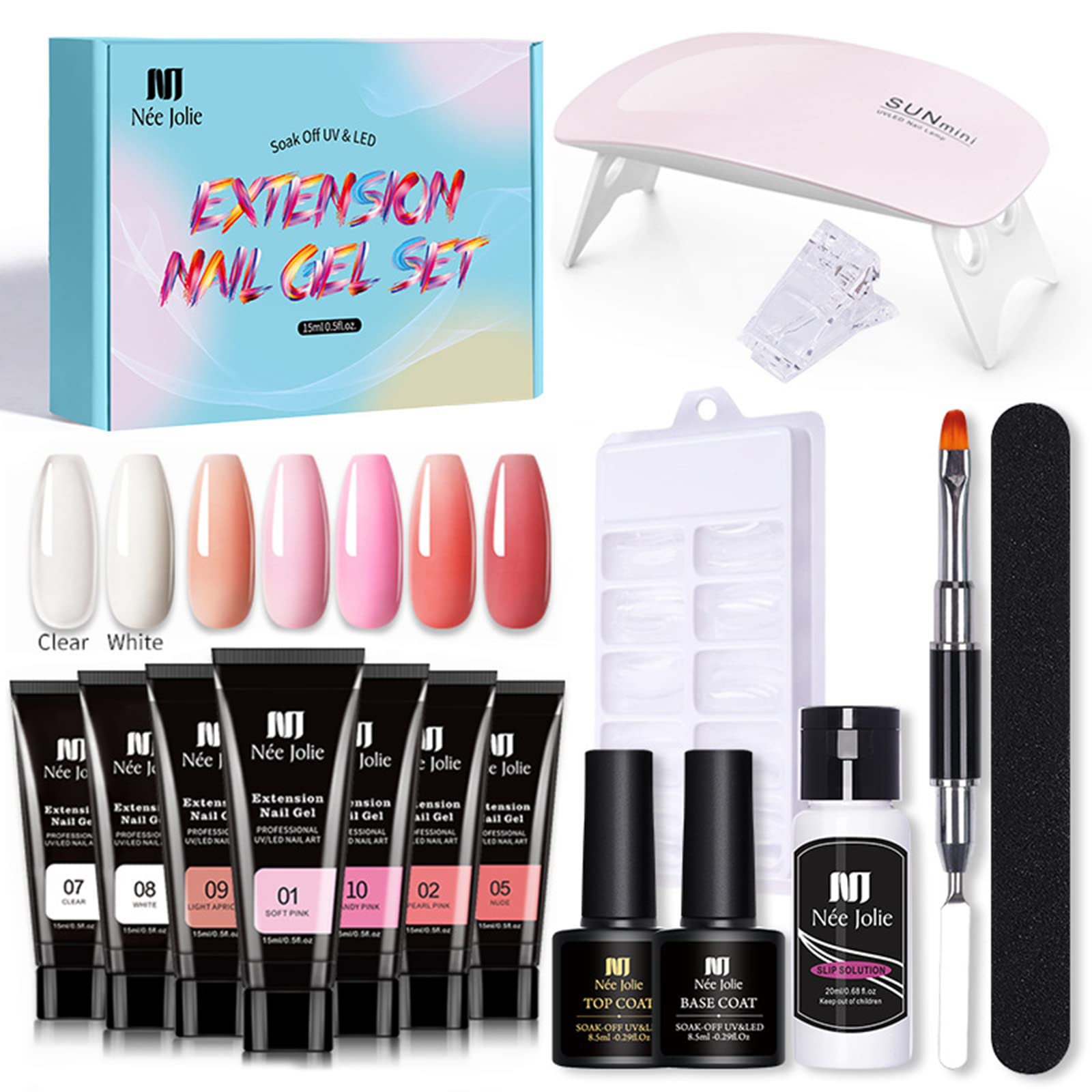 Poly Nagel Gel Starter Set mit UV Lamp Poly Nagelgel Set mit 7 Farben und Basislack&Decklack Maniküre Werkzeuge Nagelverlängerungen Geschenkset für Frauen