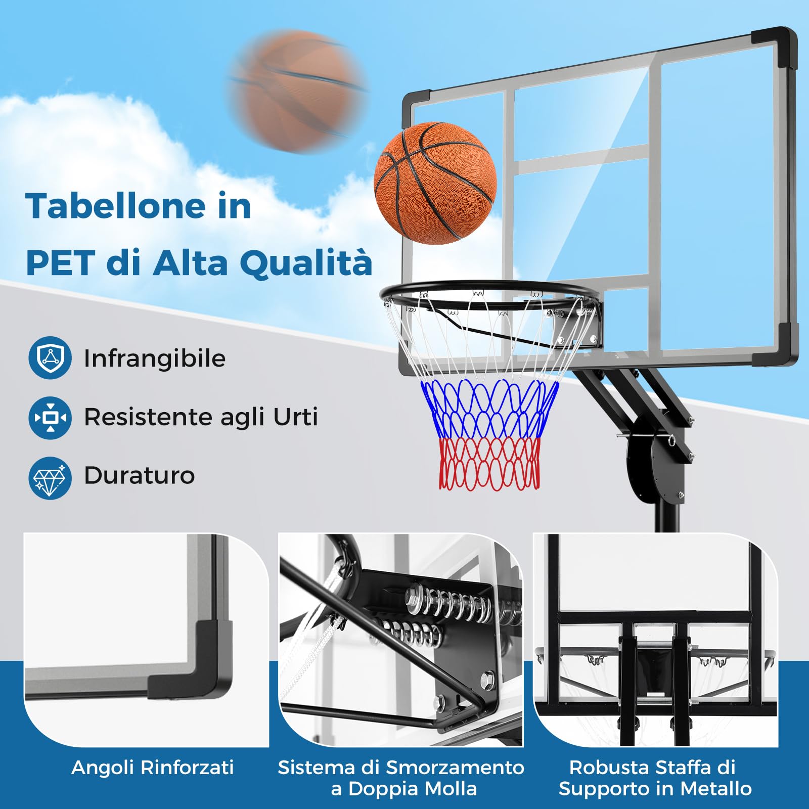 COSTWAY Canestro da Basket da Esterno per Adulti Professionale, Canestro da Basket Portatile e Regolabile 149-305 cm con Tabella Indistruttibile, 2 Ruote, Base Riempibile e Sacchetto di Pesi