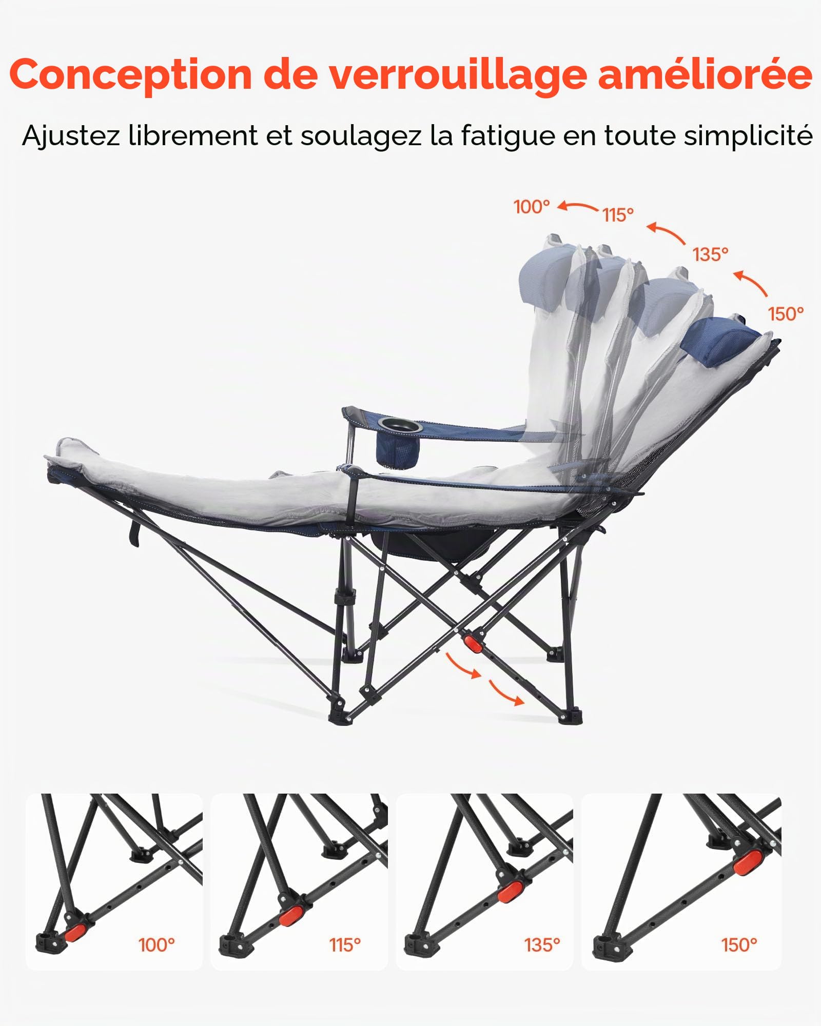 VEVOR Chaise de Camping Pliante, 4 Positions Réglables, Chaise Longue Inclinable Portable pour Adultes, avec Repose-Pieds, Coussin Moelleux, Charge 100 kg, Tissu en Maille, pour Plage, Terrasse, Bleu