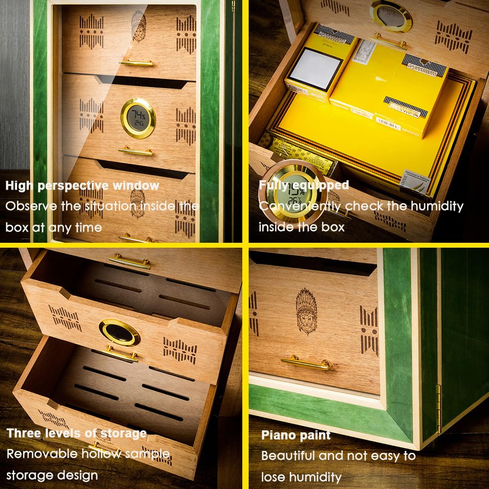 Humidor cygar o dużej pojemności, humidor z drewna cedrowego z precyzyjnym higrometriem elektronicznym i 3 szufladami, przezroczyste szklane i pianinowe wygląd