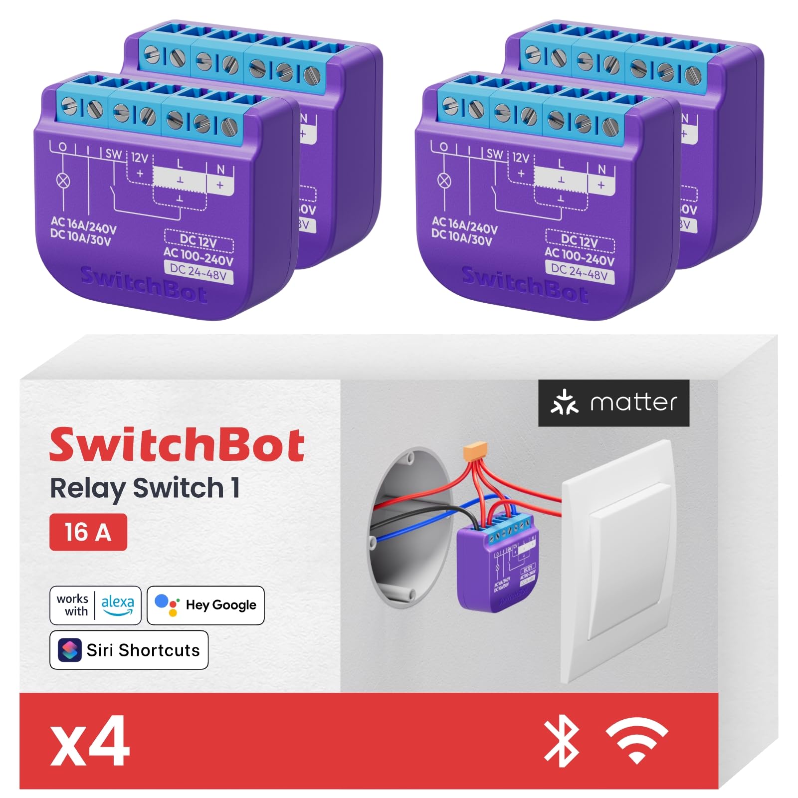SwitchBot Relais interrupteur 1, Module de relais interrupteur avec Répéteur Bluetooth, Interrupteur Wi-Fi&Bluetooth Fonctionnant avec Alexa/Apple Homekit/Google Home, 2.4GHz 16A, 4Pack