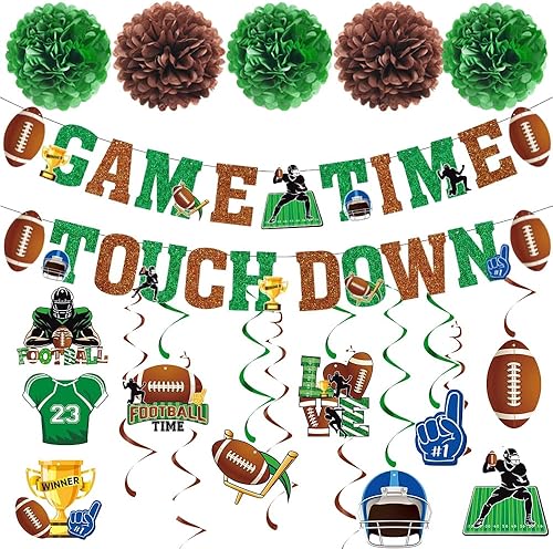 Decoraciones de fiesta de fútbol con purpurina temática de fútbol americano con temática de juego, pancarta de retocar para fiesta, remolinos