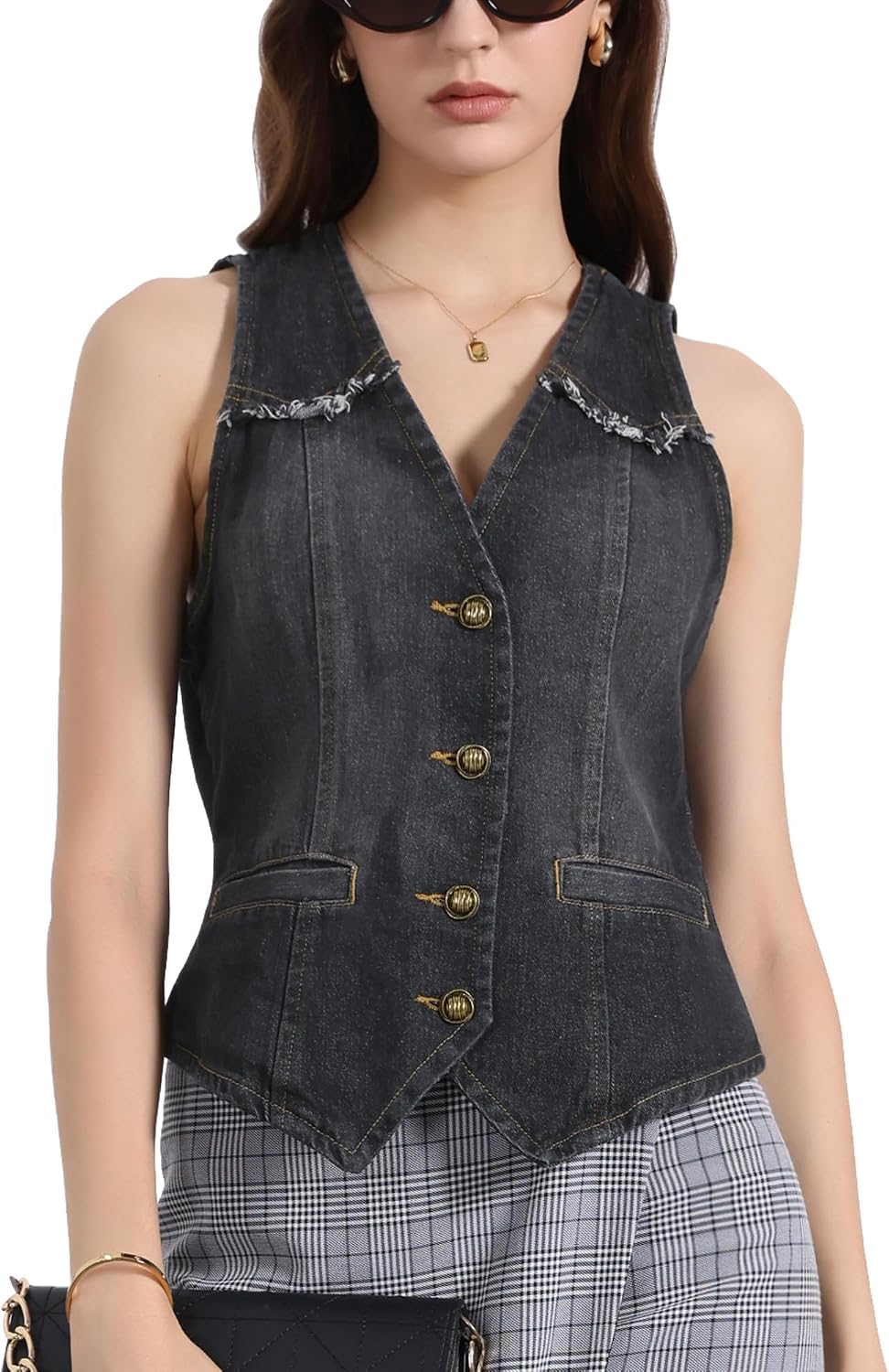 Allegra K Denim Vest for Women's Sleeveless V Neck Washed Distressed Y2K Jean Waistcoat Jacket