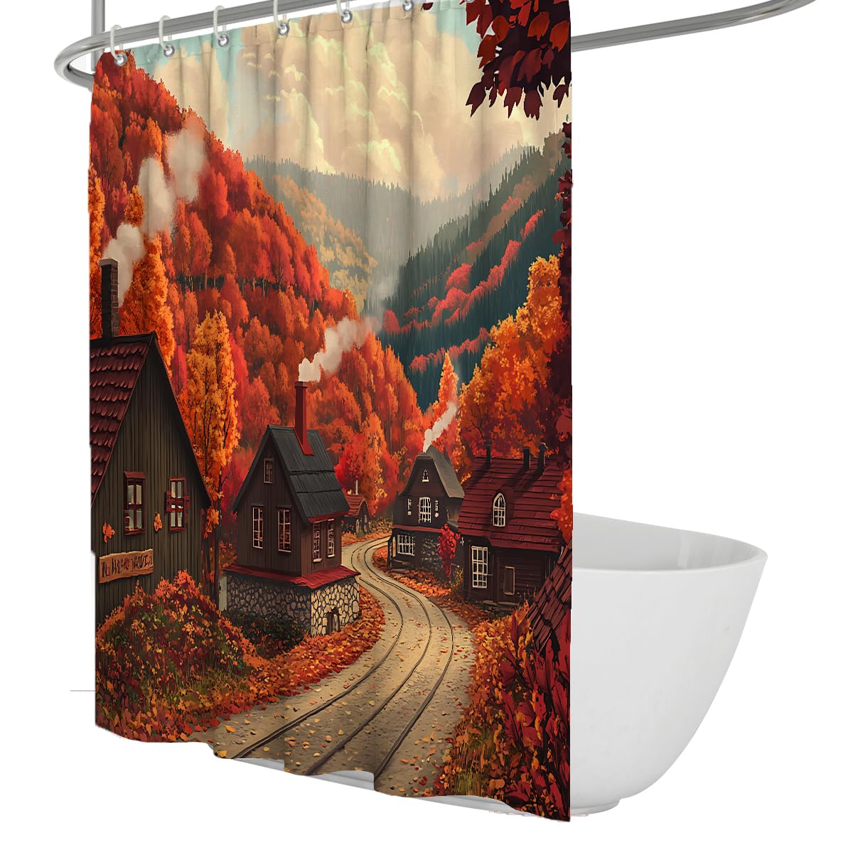 UERWOWELL Autumn Mountain Village Scenery Shower Curtain Vibrant Red Maple Tree Valley Countryside Winding Road Bathroom Curtain Washable Decor W100xL180 cm