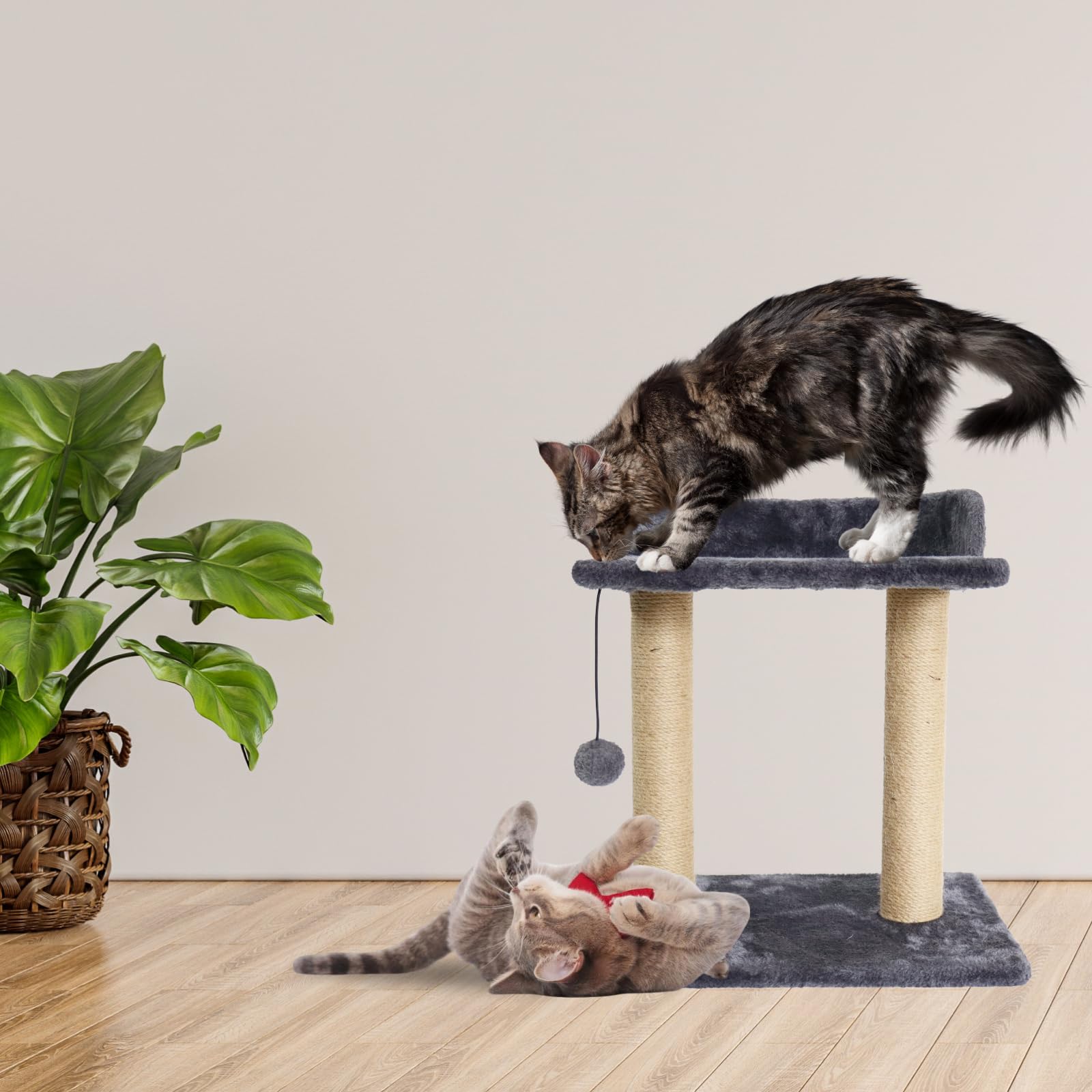 PowerKing Cat Scratching Post for Indoor Cats, Small Cat Scratcher, Featuring Super Cat-Shape Cozy Perch, 2 Sisal Scratch Posts, Interactive Dangling Ball Great for Kittens and Cats (Dark Grey)