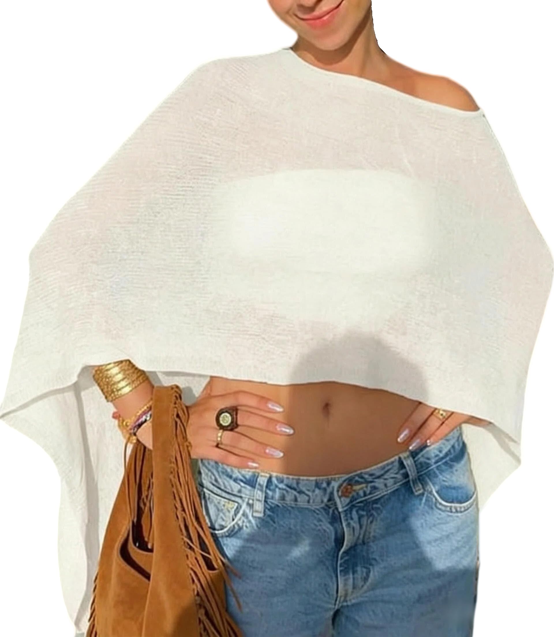 Knit Sheer Poncho Top for Women Y2k Asymmetric Shrug Beach Cover Up See Through Lightweight Off Shoulder Shawl-image-45