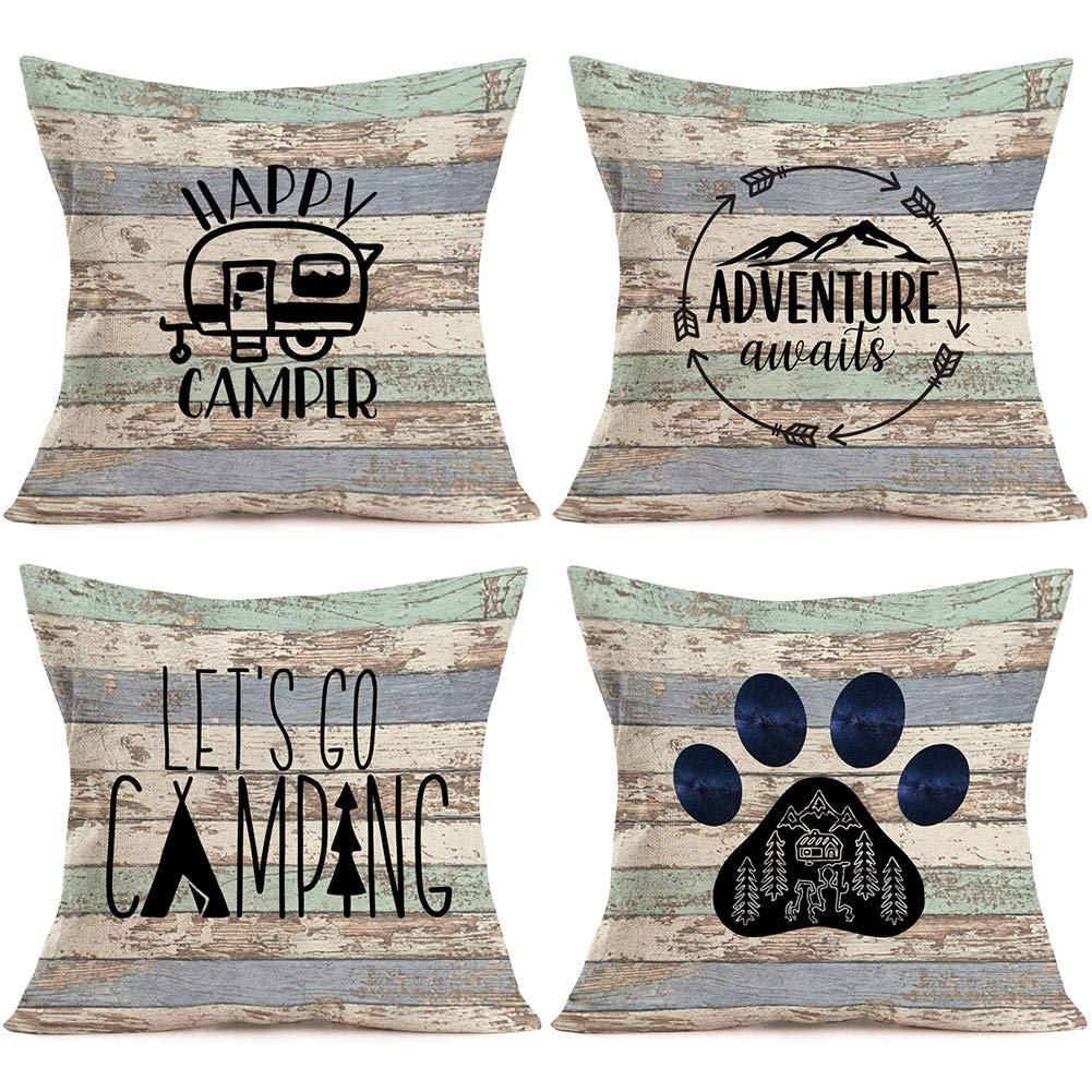 Qinqingo Happy Camper Camping Pillow Covers Rustic Wood Home Outdoor Decorative Cotton Linen Adventure Awaits Inspirational Words Throw Pillow Case Cushion Cover 18" X 18" Set Of 4 (Happy Camper)
