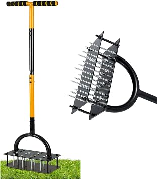 Lawn Aerator Tool, Lawn with 16 Iron Spikes, Automatic Leaf and Dirt Cleaning with Spring-Loaded Design, Metal Manual Aerator for Loosening Soil Aerating Patio, Yard, Garden Black