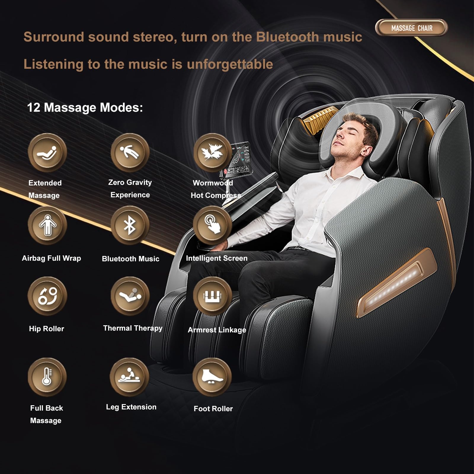 Sillón de Masaje de Cuerpo Entero, Gravedad Cero con Carril SL y Bluetooth Calefacción para Todo El Cuerpo Sillón de Masaje Reclinable Y-12B(Bianco)