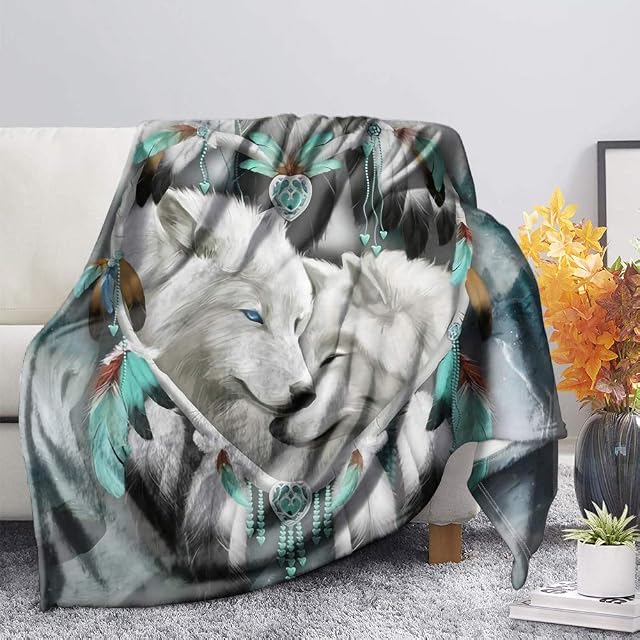 POLERO Wolf Couples Throw Blanket Reversible Warm Fleece Blanket Wolf Printed Throw Blanket for Bed, Couch and Sofa (90x120cm