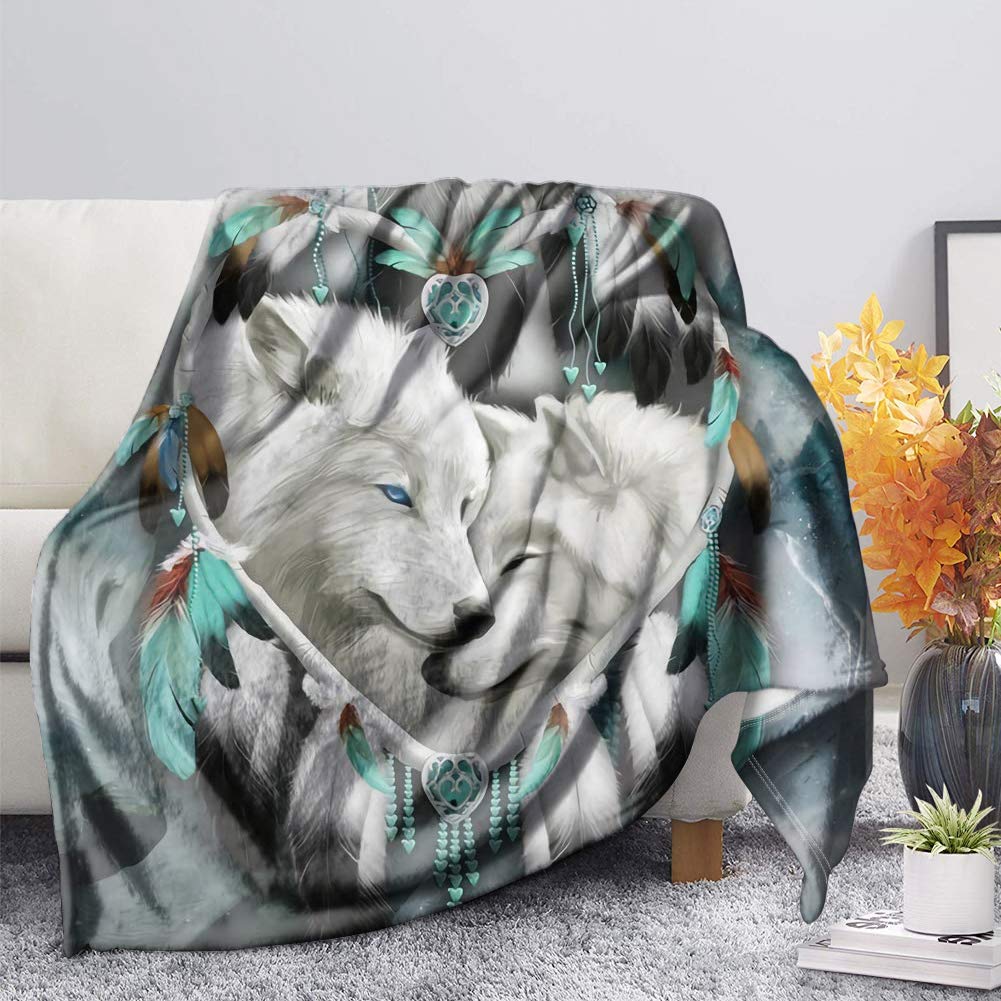 POLEROPOLERO Boho Couple Wolves Throw Blanket Reversible Warm Fleece Blanket Wolf Printed Throw Blanket for Bed, Couch and Sofa (70x100cm)