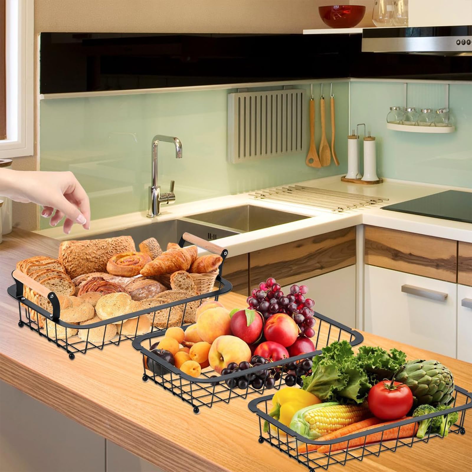 Fruteros de Cocina de 3 Niveles, Cesta de Frutas de 2 Niveles, Soporte de Almacenamiento de Aperitivos, Soporte de Alambre de Metal para Frutas, Verduras y Pan, para Encimera de Cocina (A)