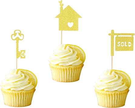 48Pcs Home Cupcake Toppers Gold Glitter Housewarming Cupcake Picks Housewarming Gift New Home House Sold Key Cake Topper Sweet Home Sign New Home Party Supply