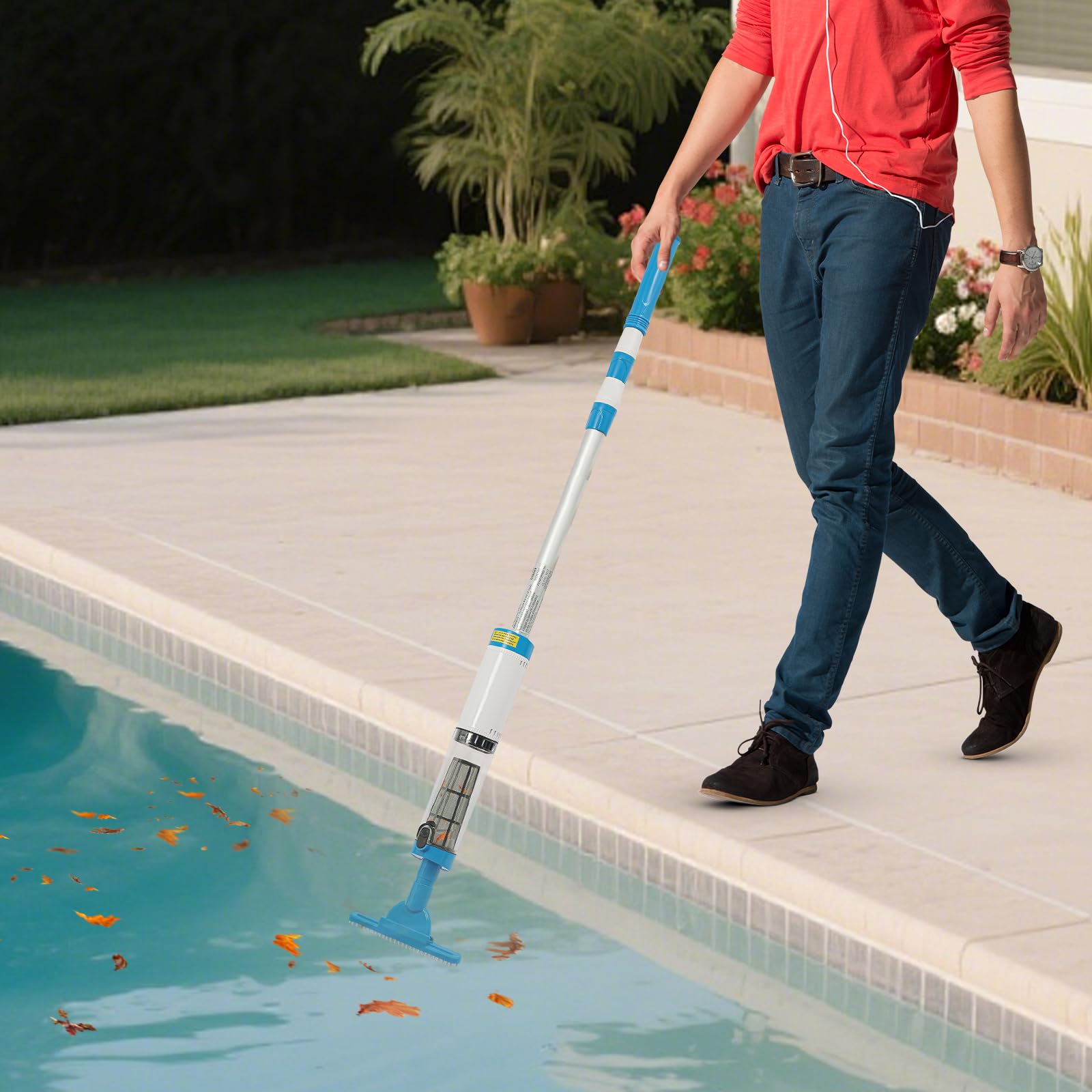 Aspirateur de piscine sans fil, nettoyeur de piscine avec tête de brosse triangulaire, longueur du manche de 1,6 m, réglable, nettoyeur de piscine avec filtre et autonomie de 120 min, kit