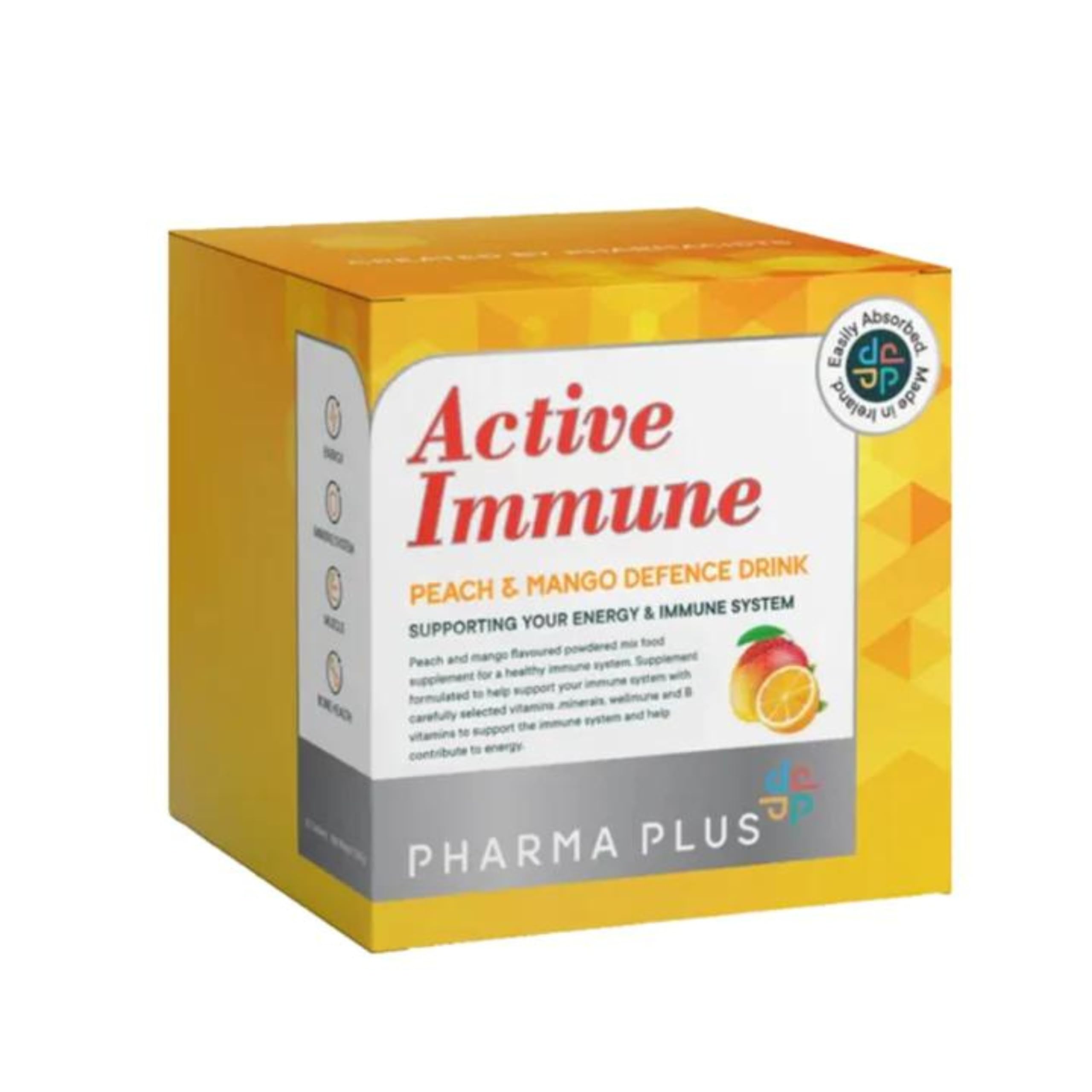 Pharma PlusActive Immune Peach/Mango | 30 Peach/Mango-Flavoured Powder Sachets, A Blend of Vitamins, Minerals and Wellmune