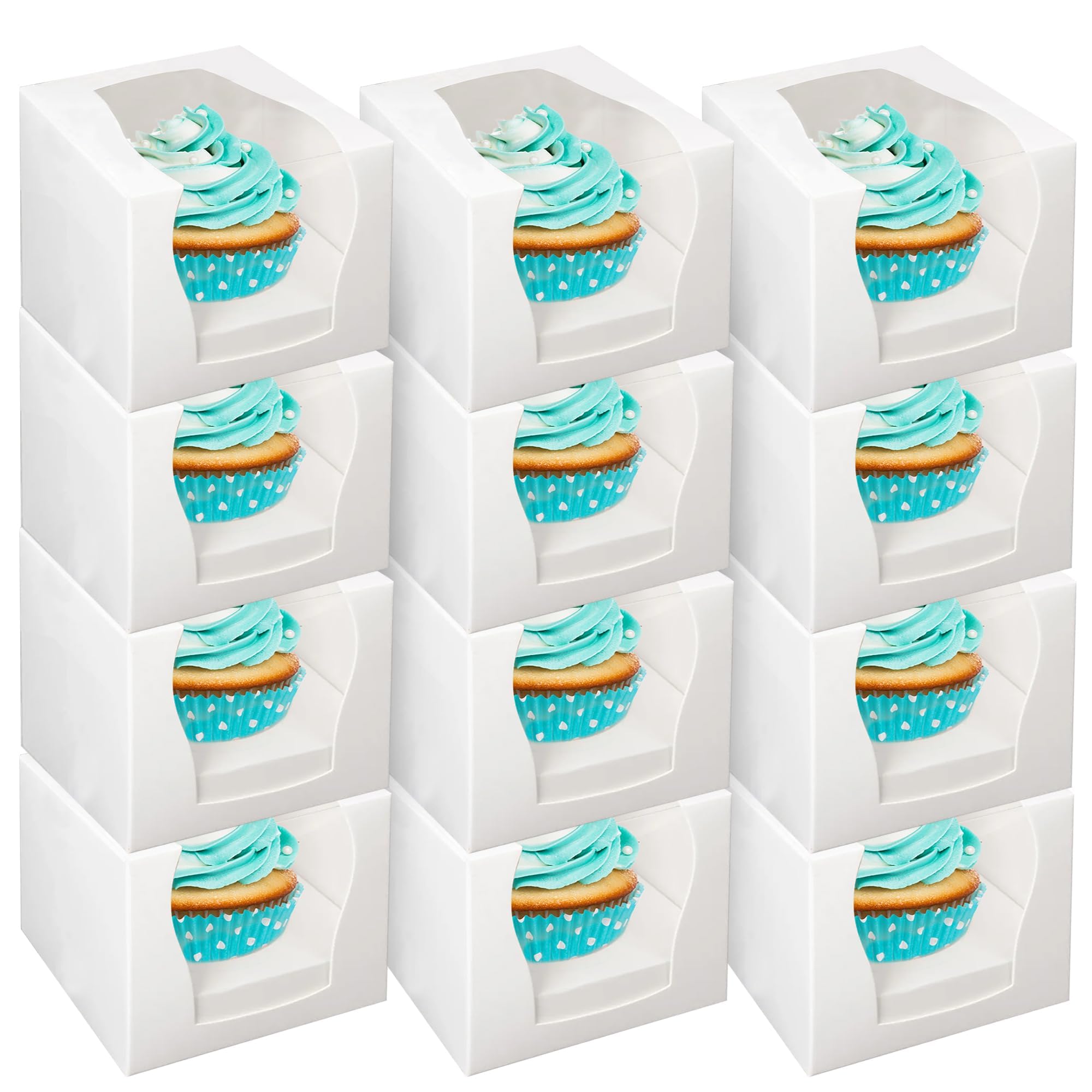 KASTWAVE White Cupcake Boxes, 12 Pcs Single Cupcake Boxes, Individual Cupcake Boxes With Window For Any Occasions, 9x9x9cm Cupcake Carrier, for Bridal Showers, Weddings, Birthday Parties
