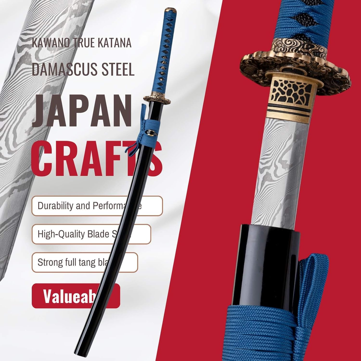 KAWANO Katana Sword, Japanese Handmade Damascus Steel Folded Samurai Sword, Functional Full Tang Blade Katana, Real Rayskin Handle with Gift Bag