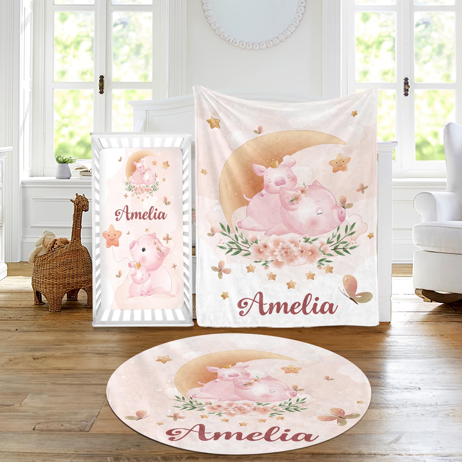 Duckbe Custom Baby Crib Bedding Set - Moon Animal Personalized Name Nursery Bed 3 Pcs Set - Chic Soft Blanket, Sheet, Crawling Rug for Newborns Boys Girls Gifts Color13-Pig