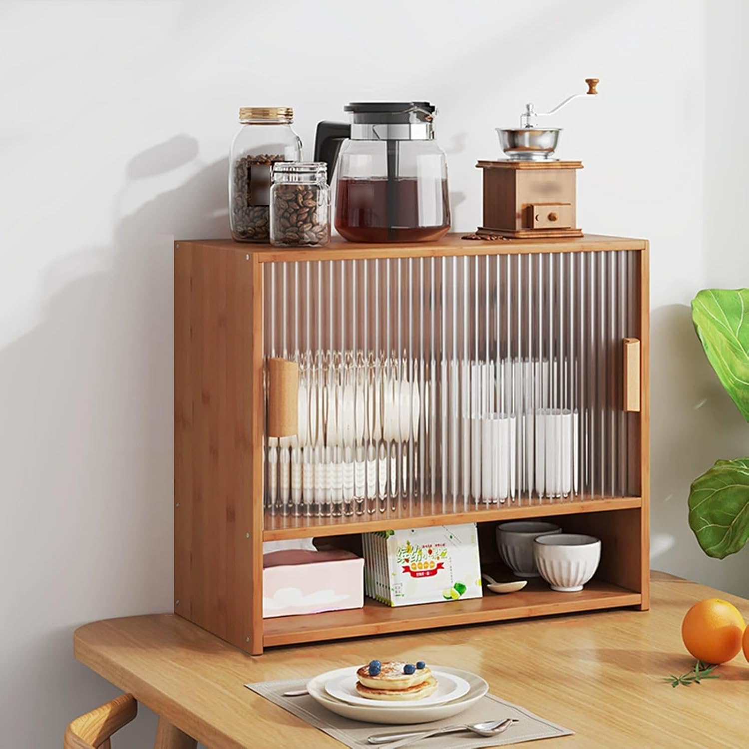 2 Tier Coffee Station Organizer, Sliding Acrylic Door Wooden Mug Holder Countertop, Storage Cabinet with Metal Handles, for Home Office(Wood,3 Layers)