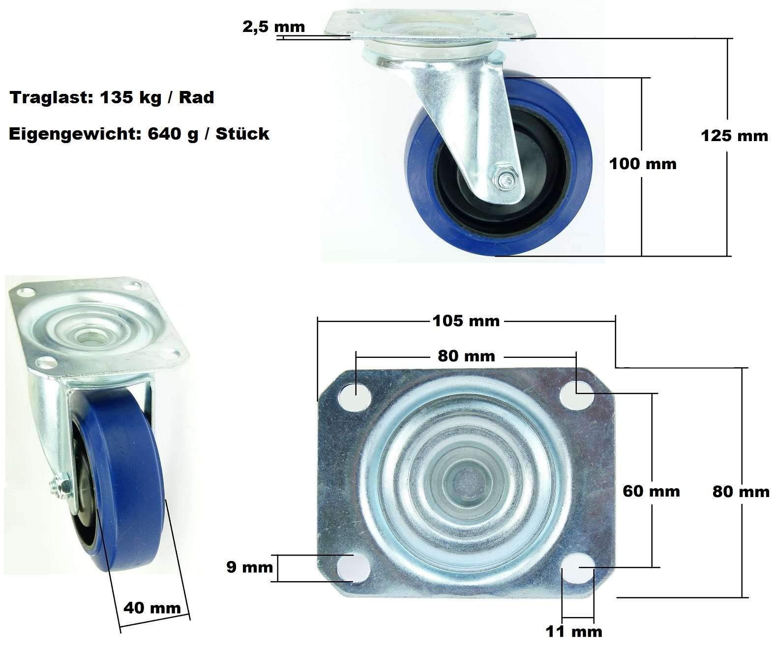 8 Stück 100 mm BLUE WHEELS Blau Transportrollen Lenkrollen Schwerlastrollen 135 kg/Rad - INDUSTRIEQALITÄT ECO (8 x Lenk)