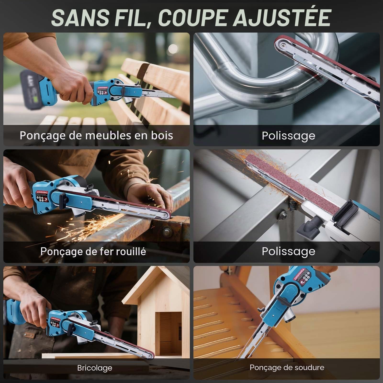 Ponceuse à Bande sans fil avec bras de ponçage de 9 mm et 13 mm | Ponceuse de Détail sans balais compatible avec Makita 18V, 6 vitesses, avec 16 bandes abrasives (40/60/80/120#) pour bois