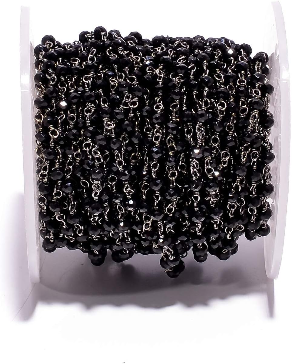 1-10 Feet Multi Color Chalcedony Gemstone Rondelle Faceted 4x3 mm Beads Black Plated Wire Wrapped Rosary Chain, Hydro Quartz Beaded Chain for Jewelry Making (Black, 10 Feet)