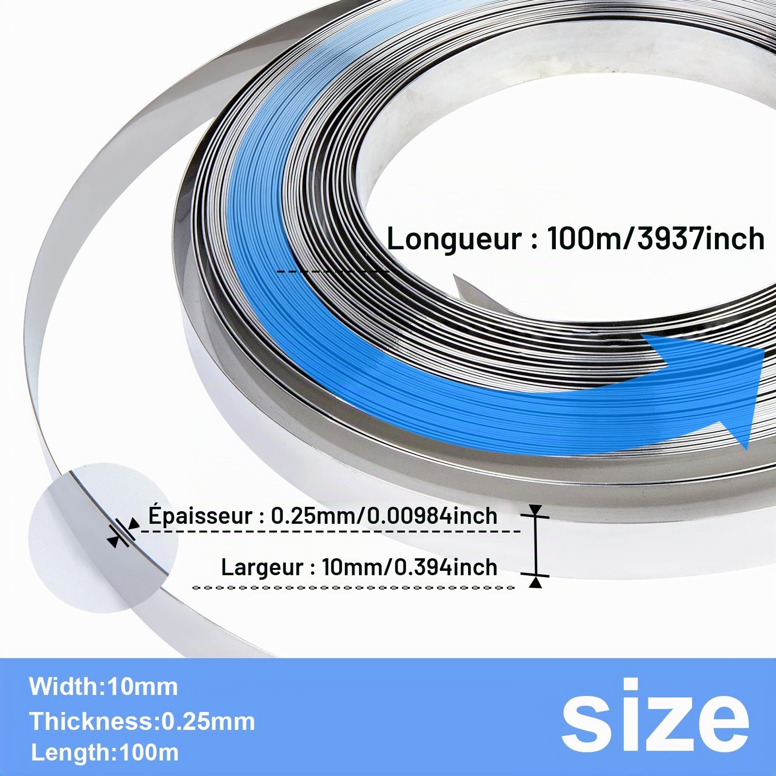 Feuillard en Acier Inoxydable 10 × 0,25 mm × 100 m Feuillard de Cerclage Robuste pour l’Installation de Panneaux de Signalisation et d’Équipements Extérieurs Bande Strapping