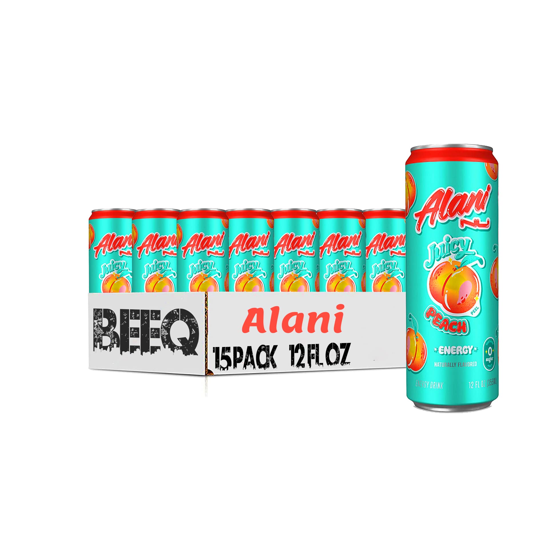 BeeQ Energy Drink | 12 fl. oz, 15 Packs | Juicy Peach Flavored | Pre Workout Performance with Antioxidants | Biotin B Vitamins | Zero Sugar