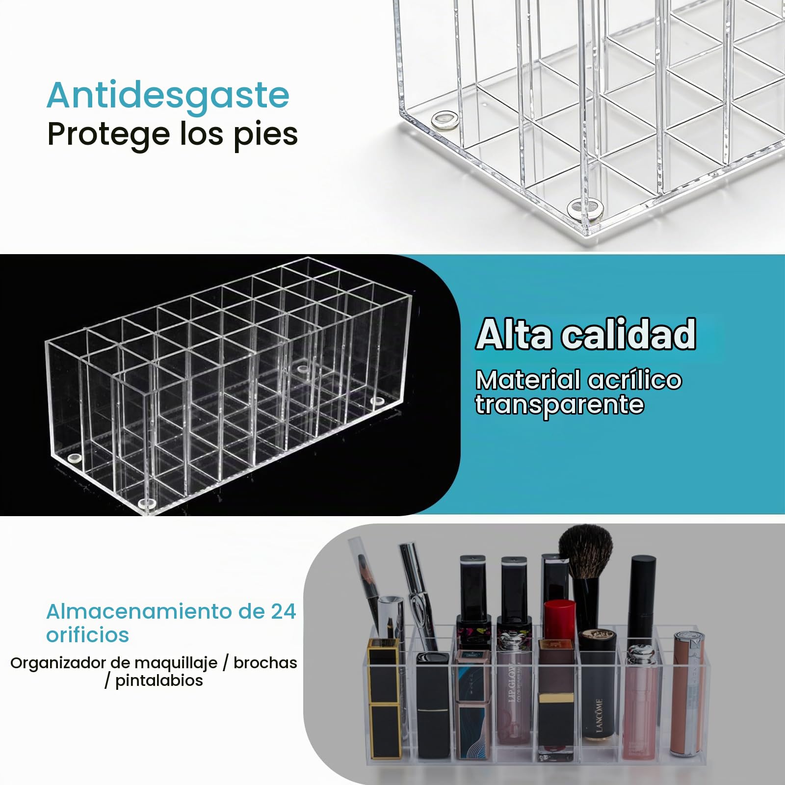 Organizador de Maquillaje, Bandejas para Cosméticos Transparente Acrílico de 24 Compartimento, Organizador de Cajones para Pintalabios Escritorio Armario Baño Tocador Encimera