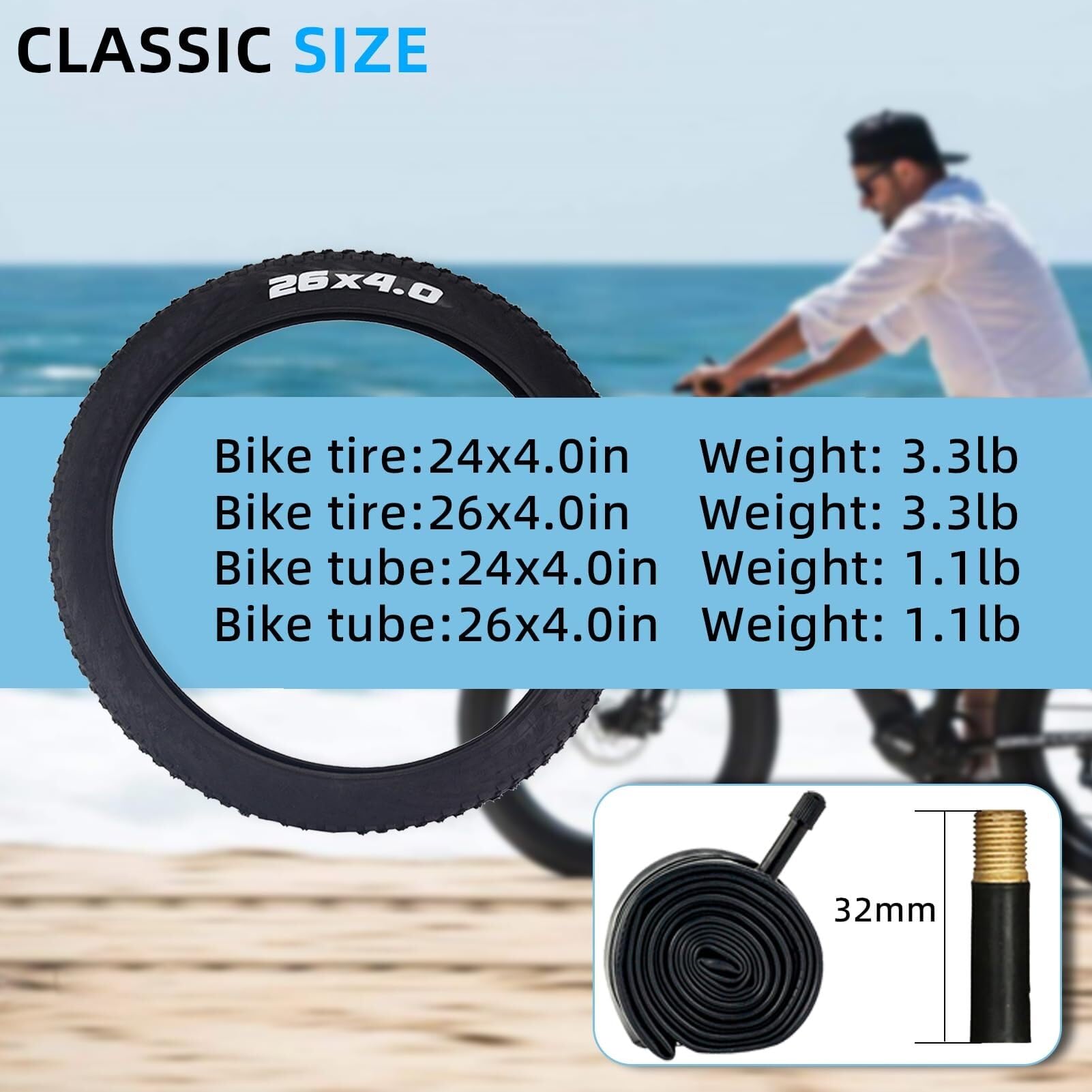 24x4.0 26x4.0 Neumático Grueso con Cámara de Aire, Juego Resistente a Pinchazos para Bicicleta Eléctrica, de Montaña, Nieve y Triciclo, Accesorios de Repuesto(24x4.0in Tire)